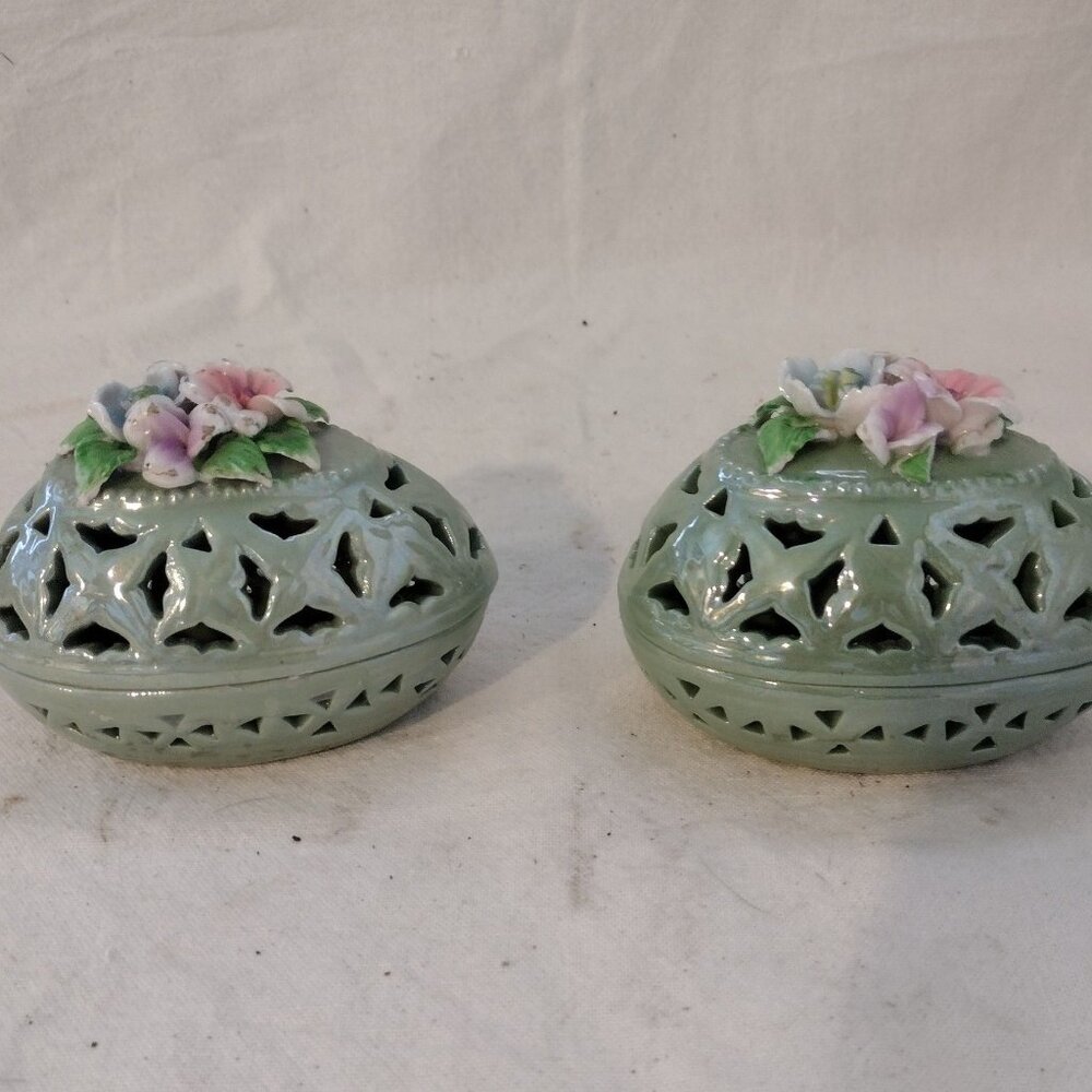 Pair of Vintage Lusterware Green Filigree Egg Trinket Box